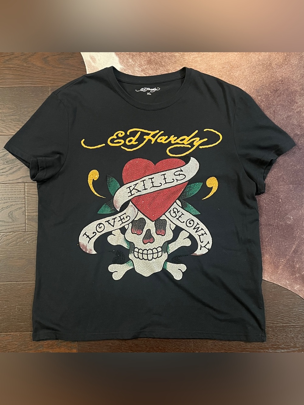 Ed Hardy Black Short-Sleeve Tee with Red Heart and Skull Graphic